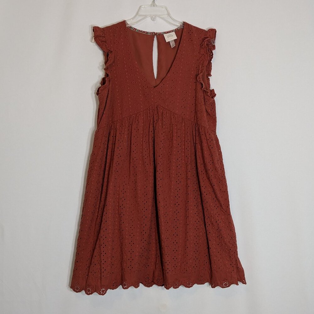 KNOX ROSE Rust Brown Cotton Eyelet Ruffled Boho Peasant Dress; Size M